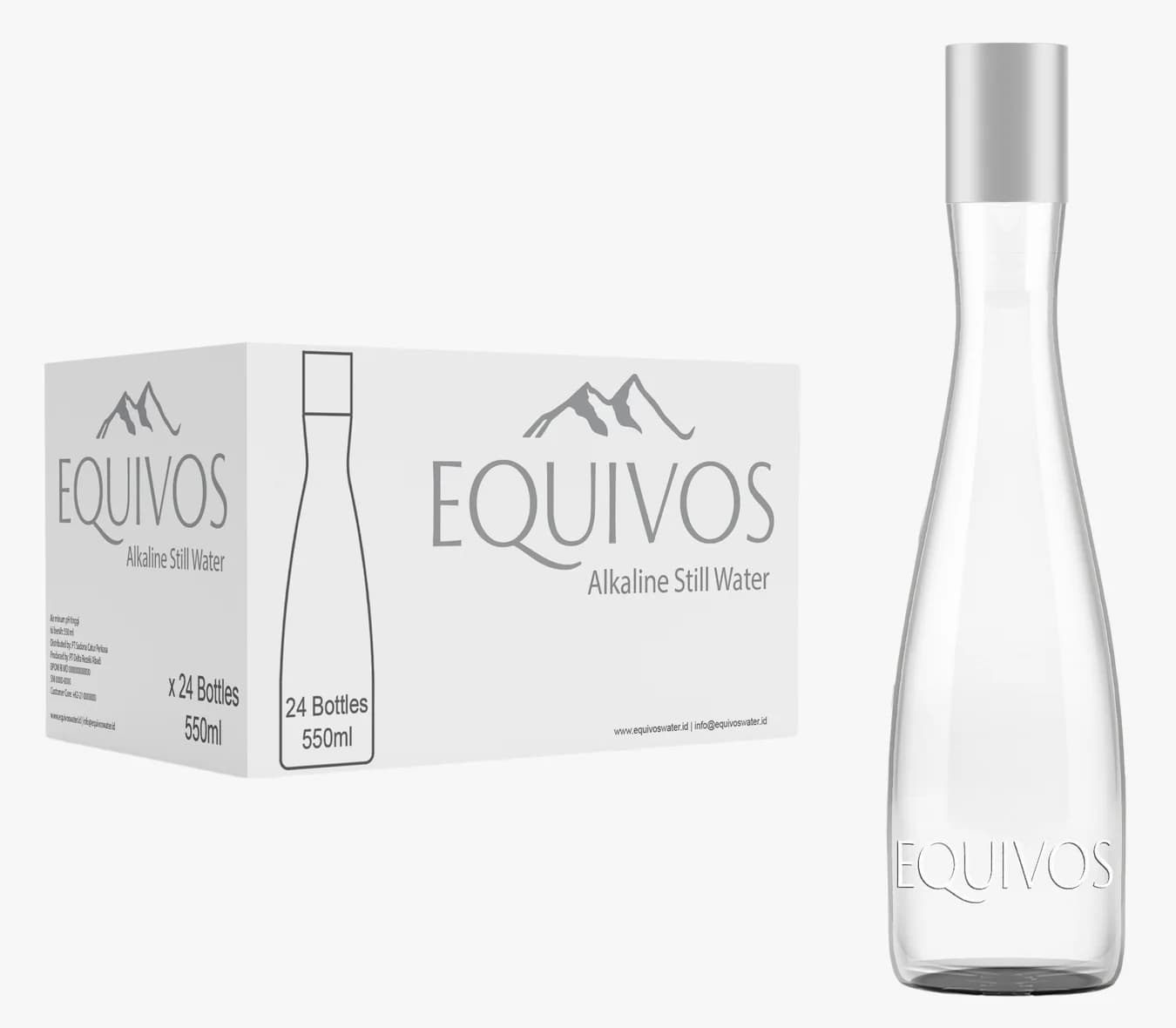 Karton EQUIVOS 550 ml berisi 24 botol, di samping satu botol plastik bening bertutup abu-abu